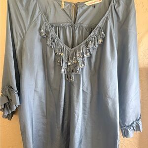 Rebecca Taylor embellished Silk Blue Ruffled 3/4 Sleeve Blouse size 10  EUC.